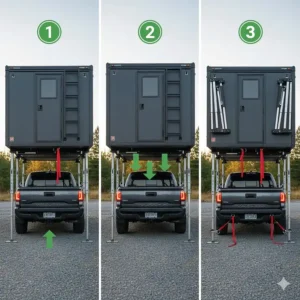 A step-by-step diagram showing how to securely load a slide-in camper onto a Toyota Tacoma truck bed.