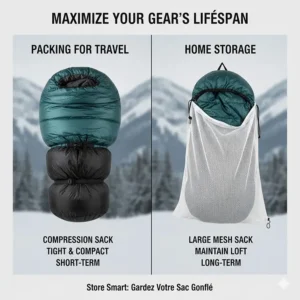 Illustration showing how to store a winter sleeping bag in a large mesh bag to maintain loft and insulation performance.