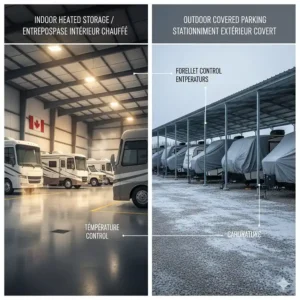 Comparison of indoor heated camper storage units vs. outdoor gravel lot parking for RVs in the Canadian market.