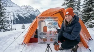 Illustration showing how to use a pump sack to inflate a winter sleeping pad without introducing moisture in freezing air.