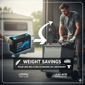 Illustration showing the weight savings of a lithium camper battery versus traditional lead-acid batteries for better fuel economy.