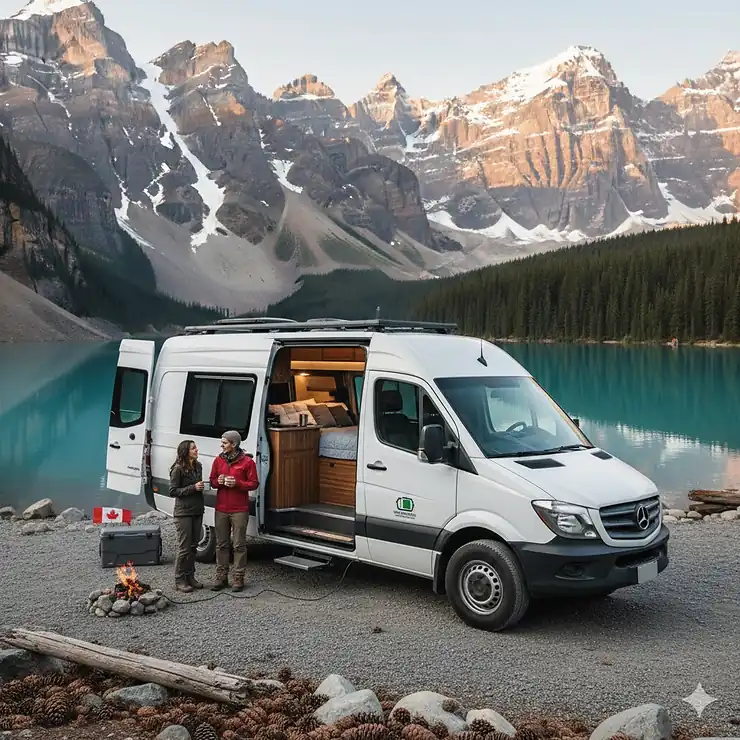 A modern camper van parked by a turquoise Canadian lake, powered by an off-grid lithium camper battery system for long-haul travel.