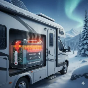 A lithium camper battery with built-in heating technology, ideal for Canadian winters and sub-zero RV camping.