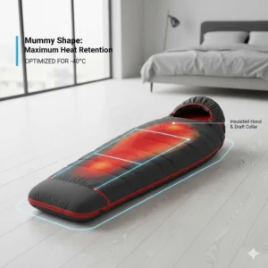 A diagram showing the ergonomic mummy shape of a sleeping bag for -40 degrees designed to eliminate cold spots.