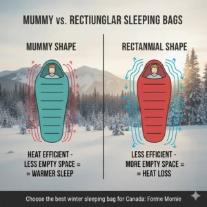Illustration comparing mummy and rectangular sleeping bags, showing why the mummy shape is the best winter sleeping bag for Canada.