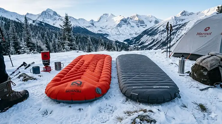 A side-by-side comparison of the Nemo Tensor Extreme and Therm-a-Rest XTherm sleeping pads on a snow-covered campsite in the Canadian Rockies.