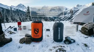 The Nemo Tensor Extreme and XTherm NXT packed down next to a 1L water bottle for scale.