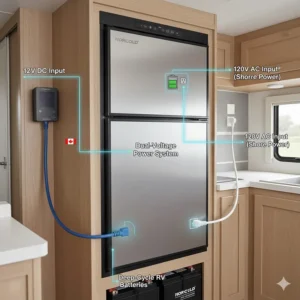 Technical illustration of a Norcold dual-voltage refrigerator system optimized for Canadian 12V DC and 120V AC power standards.