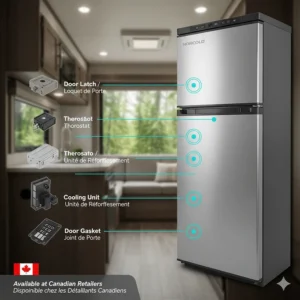 Illustration of common Norcold camper refrigerator replacement parts like door latches and thermistors available at Canadian retailers.