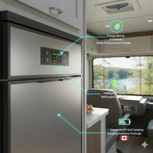 Infographic highlighting the energy-saving Eco-Mode on a Norcold Polar Series refrigerator for sustainable camping in Canada.