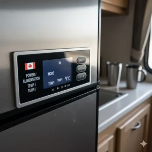 Close-up of a Norcold camper refrigerator control panel with English and French instructions for Canadian RV owners.