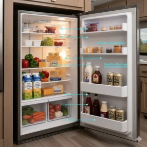 Illustration of the interior layout of a Norcold camper refrigerator, highlighting adjustable shelving for long-haul Canadian road trips.