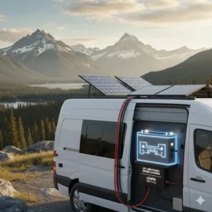 Diagram of a Canadian off-grid solar setup connecting rooftop panels to a high-capacity lithium camper battery.