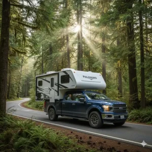 A Palomino slide-in camper mounted on a pickup truck driving through a lush British Columbia forest.