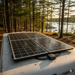 Close-up of solar panels on a Palomino truck camper roof, ideal for off-grid boondocking in Ontario’s crown land.