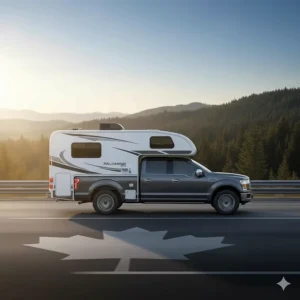 Side view illustration of a low-profile Palomino truck camper showing aerodynamic design for better fuel efficiency on long Canadian highways.