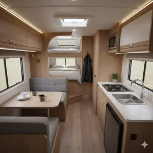 Modern interior floorplan of a Palomino truck camper featuring a cozy dinette and kitchenette for local road trips.