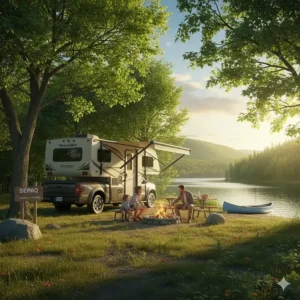 Family enjoying a Palomino truck camper at a SEPAQ campsite in Quebec; camping au Québec avec un Palomino.