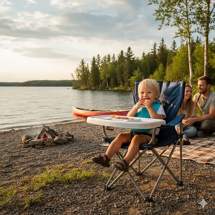 A portable camp chair high chair set up at a lakeside campsite in Ontario, featuring a toddler eating safely during a family camping trip.