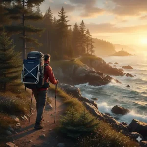 Lightweight Strongback camping chair being carried by a hiker on a rugged Canadian coastal trail.