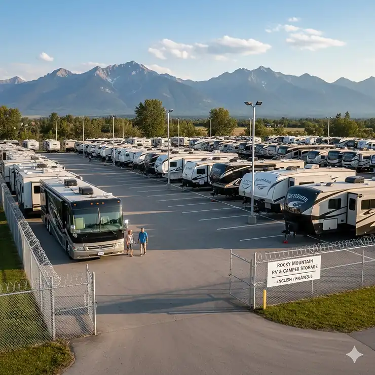 A secure, outdoor paved lot for camper storage units in Canada featuring high-fenced perimeters and easy access for large motorhomes and travel trailers.