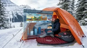 A technical diagram explaining R-value ratings for insulated sleeping pads in extreme Canadian winter temperatures.