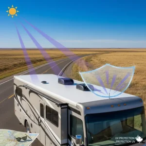 Durable camper roof sealant protecting an RV from harsh summer UV rays during a cross-Canada road trip.