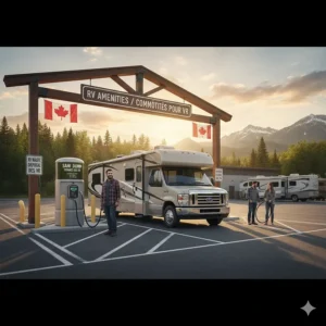 Illustration of value-added amenities at camper storage units, including tire inflation stations and RV waste disposal for Canadian travelers.
