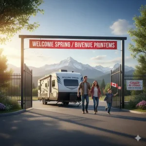 Illustration of a family picking up their RV from camper storage units for a summer road trip across the Canadian provinces.