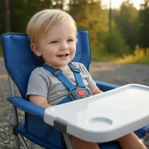 Detailed illustration of the 5-point safety harness on a camp chair high chair for infant security on uneven terrain.