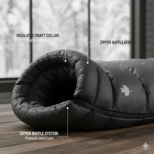 Detailed view of the insulated draft collar and zipper tubes that prevent heat loss in sub-zero temperatures.