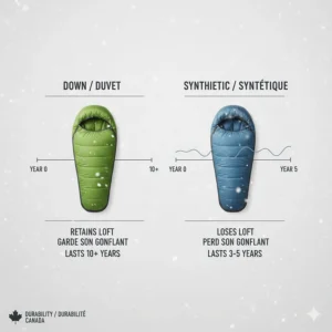 Lifespan and durability chart of down vs synthetic sleeping bags for long-term use in Canada.