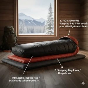 A guide on layering with a liner and sleeping pad, featuring the text "Sac de couchage pour -40 degrés" for French-speaking Canadian campers.
