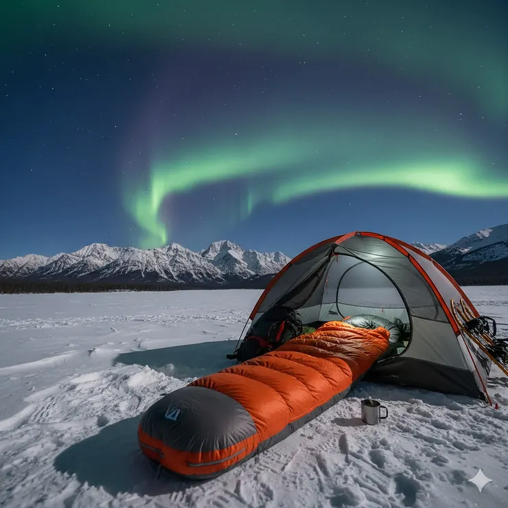 A high-performance sleeping bag for -40 degrees laid out inside a tent during a winter camping trip in the Canadian Rockies.