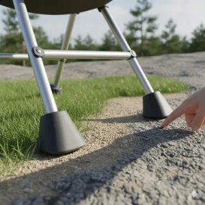Wide-set stable feet of a camp chair high chair designed to prevent tipping on grass, sand, or gravel at Canadian parks.