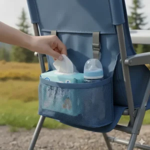 Close-up of a side storage pocket on a camp chair high chair holding baby wipes and a water bottle.