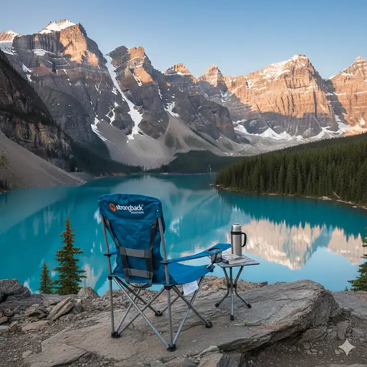 A blue Strongback camping chair with lumbar support overlooking a glacial lake in the Canadian Rockies.