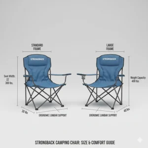 Size and dimension guide for a Strongback camping chair comparing standard and large frame options.