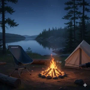 Illustration of a Strongback chair beside a campfire at a lakeside campsite in Ontario, Canada.