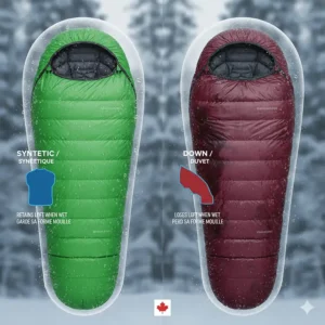 Comparison of insulation performance in wet conditions for down vs synthetic sleeping bags in Canadian climates.