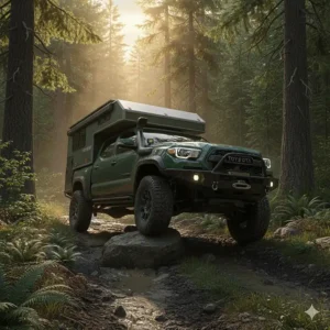 A 4x4 Toyota Tacoma with a lightweight slide-in camper navigating a rugged backcountry trail in British Columbia.