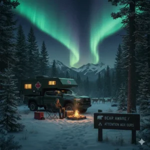 A cozy evening scene of a Tacoma camper in a forest setting, emphasizing "Bear Aware" camping practices in Canada.