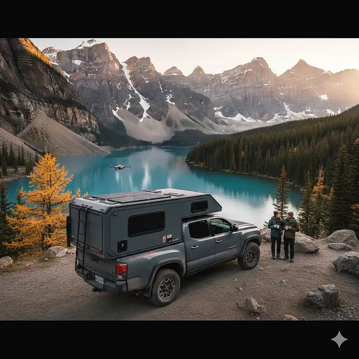 A Toyota Tacoma slide-in truck camper parked at a scenic overlook in the Canadian Rockies during autumn.