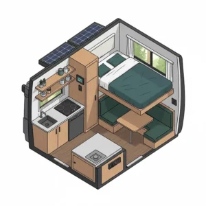 Detailed interior floor plan of a compact Tacoma slide-in camper showing the kitchenette and sleeping area.
