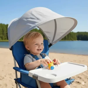 A camp chair high chair featuring an adjustable UV-protection sun canopy for sunny days at the beach or park.