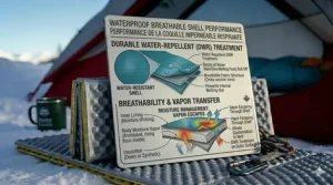 Graphic showing a waterproof, breathable outer shell of a winter sleeping bag repelling frost and condensation.