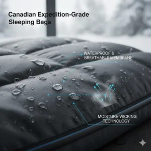 Close-up illustration of moisture-wicking and water-resistant fabric used in Canadian expedition-grade sleeping bags.