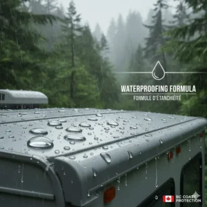Close-up of water beading off a camper roof treated with waterproof sealant during a rainy day in British Columbia.