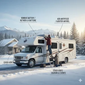Illustration of winterizing a recreational vehicle for seasonal camper storage units, including battery removal and plumbing antifreeze tips.