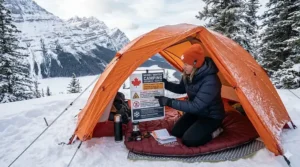 Illustration of winter camping gear with bilingual English and French safety labels for Canadian outdoorsmen.